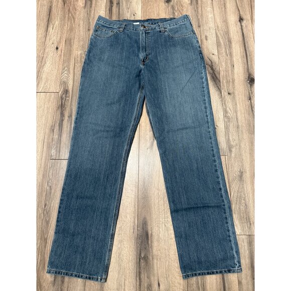 Carhartt Mens Straight Leg Blue Denim Jeans 38x36 86% Cotton 14% Polyester Machi - Picture 1 of 6